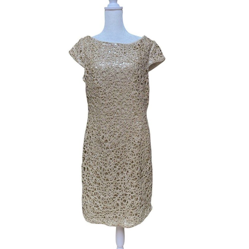 Adrianna Papell Gold Beaded Sequin Sheath Dress Size 14 Cocktail Party